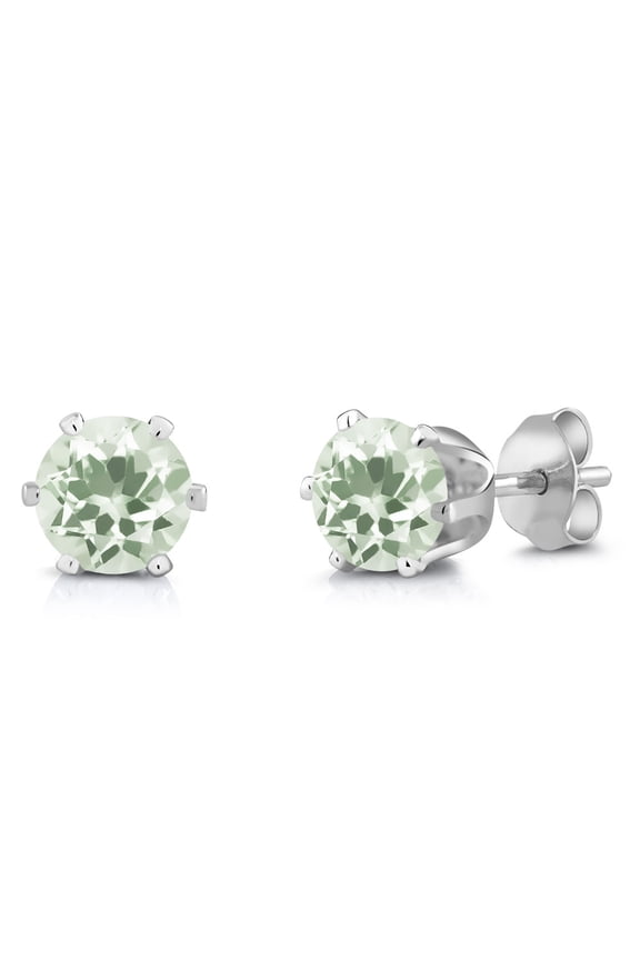 Green Prasiolite Rhodium Plated Stud Earrings for Women Men | 1.90 Cttw | Gemstone Birthstone | Round 6MM
