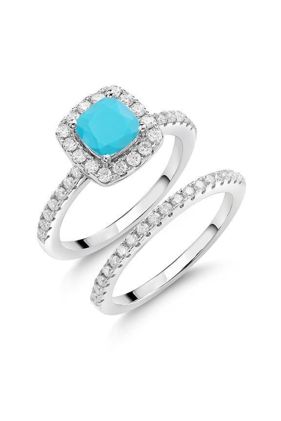 Green Turquoise and White Moissanite Wedding Engagement Ring Band Bridal Set for Women | 925 Sterling Silver | 1.42 Cttw | 6MM Cushion Gemstone Birthstone | Available in Size 5-9