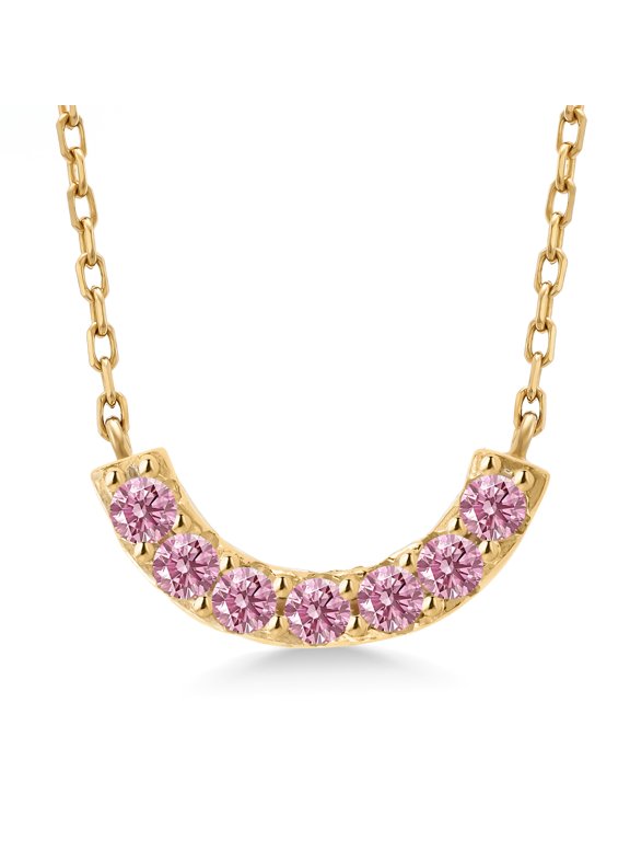 Half Circle Curved Bar Moon Pink Lab Grown Diamond Necklace for Women | 18K Yellow Gold Plated Silver | 7 Stone Bar Necklace | 0.27 Cttw | Round 2MM | With 18 inch Chain