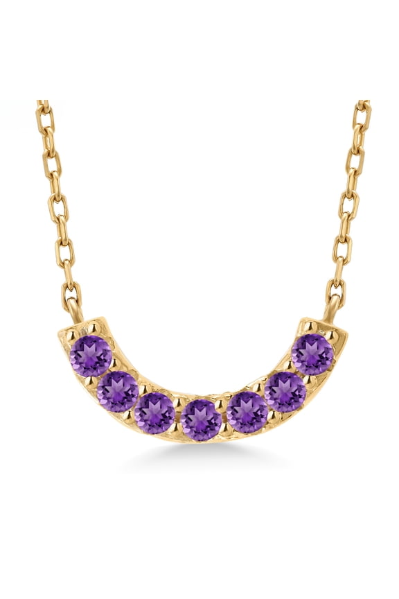 Half Circle Curved Bar Moon Purple Amethyst Necklace for Women | 18K Yellow Gold Plated Silver | 7 Stone Bar Necklace | 0.17 Cttw | Round 2MM | With 18 inch Chain
