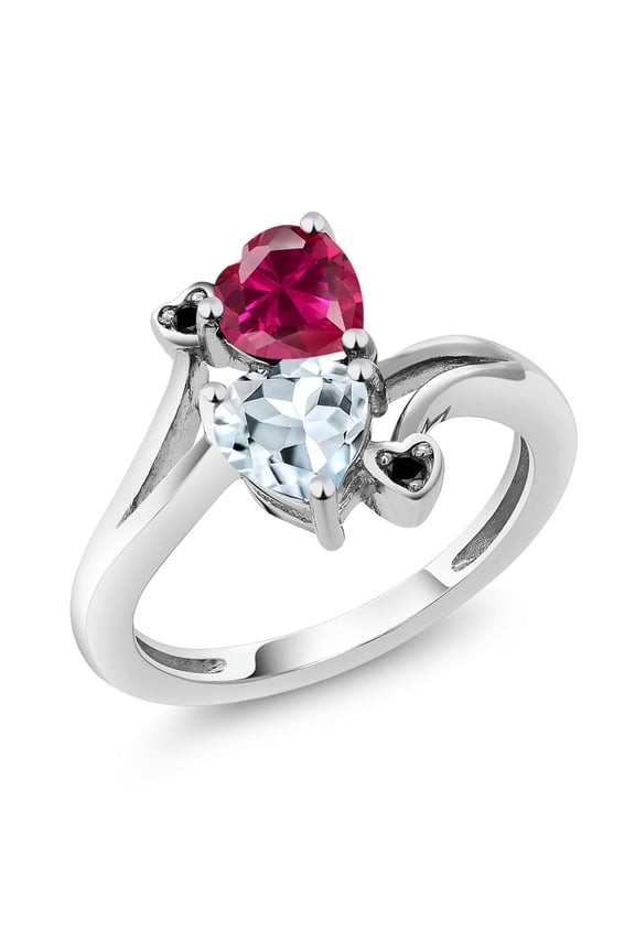 Heart Shape Created Ruby Sky Blue Aquamarine 1.67 Ct 10K White Gold Diamond Accent Ring (Size 7)