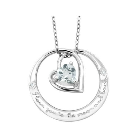 Gem Stone King "I love you to the moon and back" Aquamarine and Diamond Accent Heart Pendant Necklace in 925 Sterling Silver