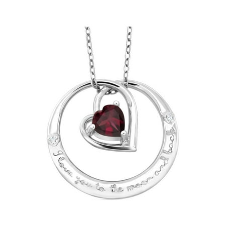Gem Stone King "I love you to the moon and back" Garnet and Diamond Accent Heart Pendant Necklace in 925 Sterling Silver