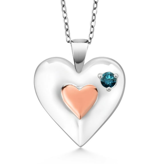 Gem Stone King Keren Hanan 0.10 Ct Round Blue Diamond 18K Rose Gold Plated Silver 2 Heart Love Treasure Pendant Necklace for Women With Chain