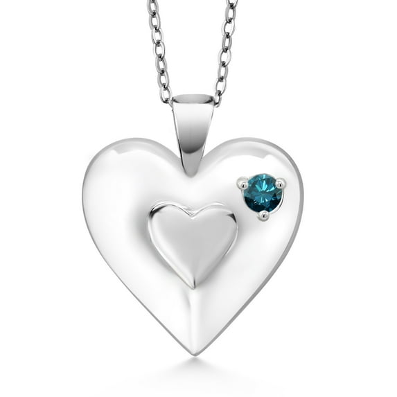 Gem Stone King Keren Hanan 0.10 Ct Round Blue Diamond 925 Sterling Silver 2 Heart Love Treasure Pendant Necklace for Women With Chain