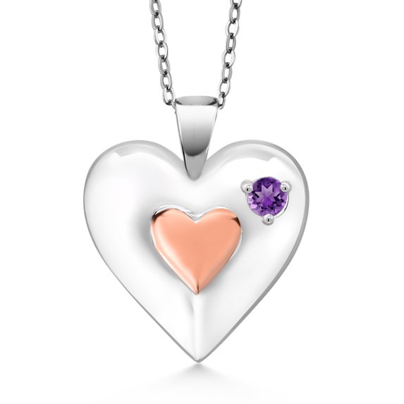 Gem Stone King Keren Hanan 0.10 Ct Round Purple Amethyst 18K Rose Gold Plated Silver 2 Heart Love Treasure Pendant Necklace for Women With Chain