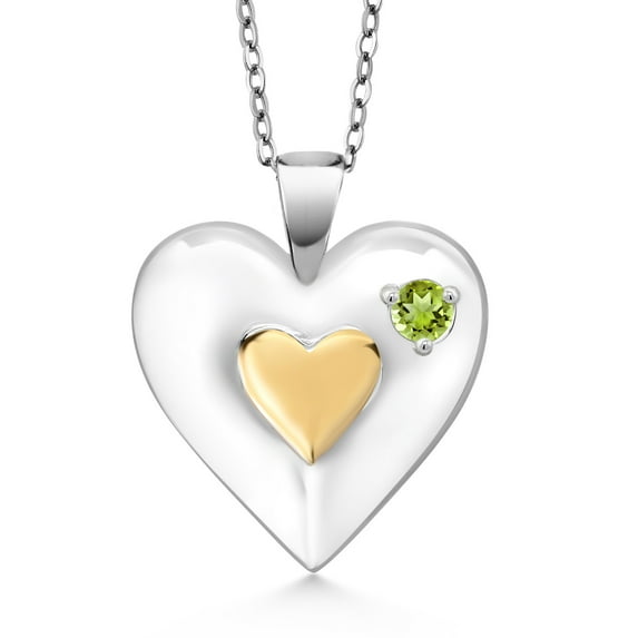 Gem Stone King Keren Hanan 0.12 Ct Round Green Peridot 18K Yellow Gold Plated Silver 2 Heart Love Treasure Pendant Necklace for Women With Chain