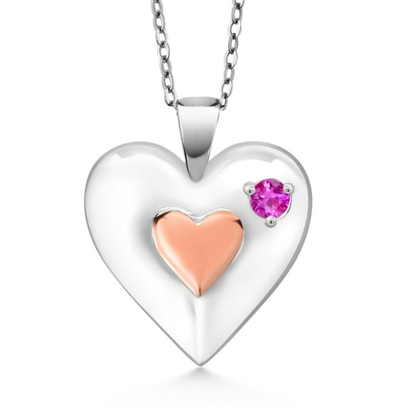 Gem Stone King Keren Hanan 0.13 Ct Round Pink Sapphire 18K Rose Gold Plated Silver 2 Heart Love Treasure Pendant Necklace for Women With Chain