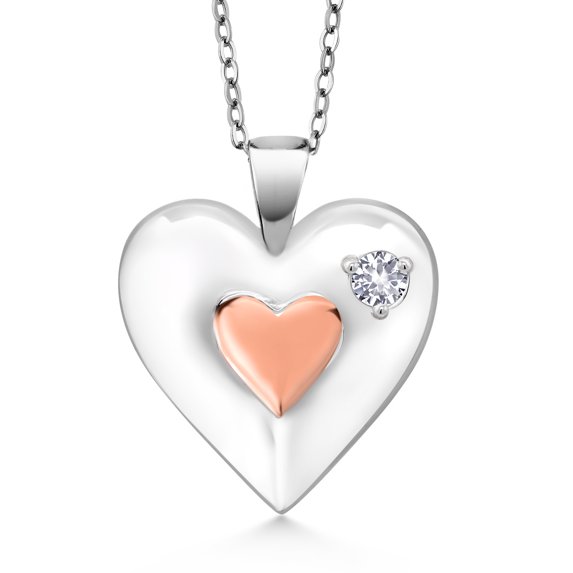 Gem Stone King Keren Hanan 0.13 Ct White Created Sapphire 18K Rose Gold Plated Silver 2 Heart Love Treasure Pendant Necklace for Women With Chain