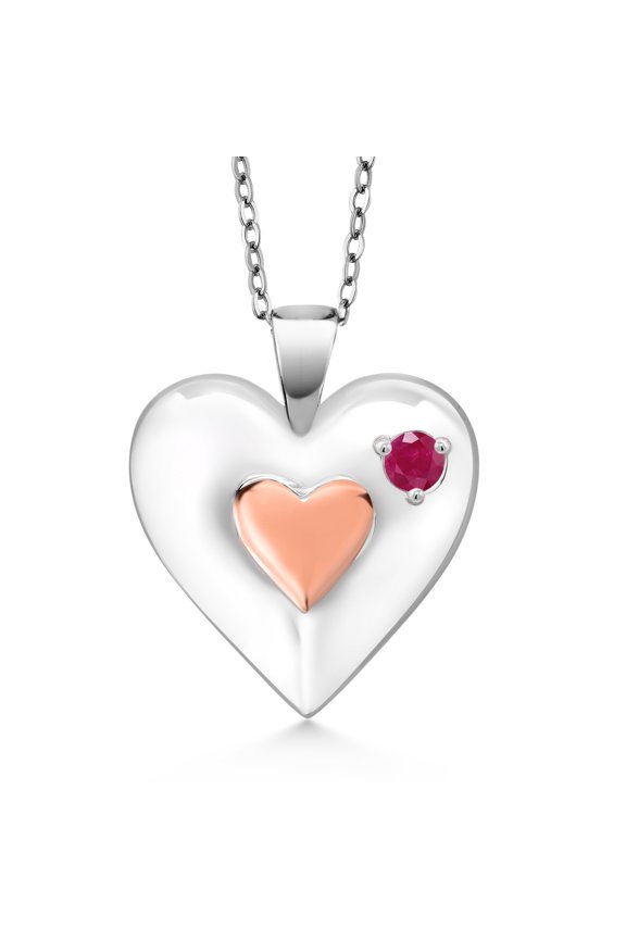 Keren Hanan 0.16 Ct Round Red Ruby 18K Rose Gold Plated Silver 2 Heart Love Treasure Pendant Necklace for Women With Chain