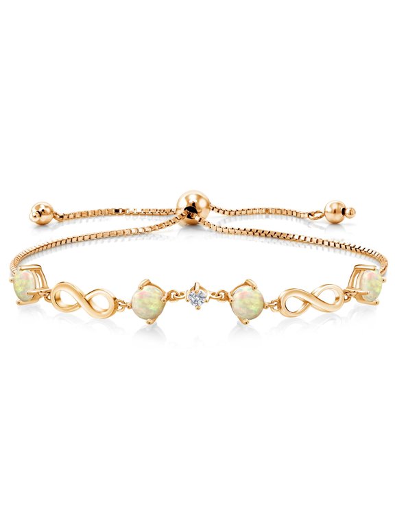 Keren Hanan 1.27 Ct Round Cabochon White Ethiopian Opal G-H Lab Grown Diamond 18K Yellow Gold Plated Silver Adjustable Infinity Tennis Link Bracelet for Women