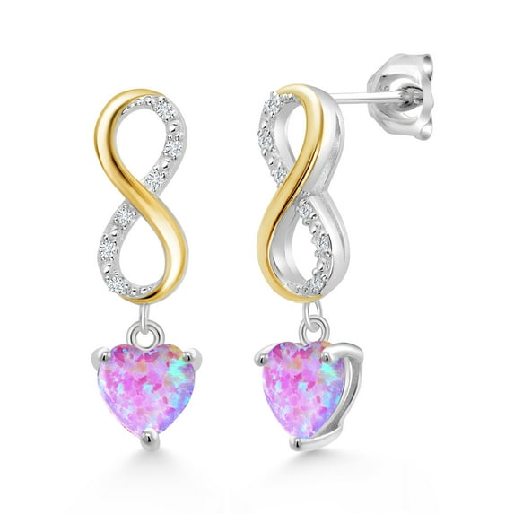 Gem Stone King Keren Hanan 1.56 Ct Heart Shape 6mm Pink Simulated Opal 925 Silver and 10K Yellow Gold Lab Grown Diamond Infinity Dangle Earrings