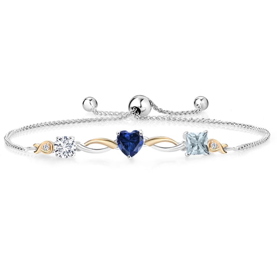 Gem Stone King Keren Hanan 1.80 Ct E-F Lab Grown Diamond Blue Created Sapphire 925 Silver and 10K Yellow Gold Bracelet for Women