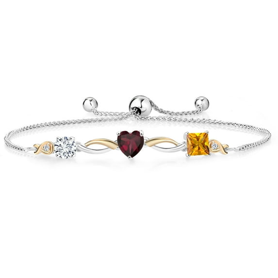 Gem Stone King Keren Hanan 1.82 Ct E-F Lab Grown Diamond Red Rhodolite Garnet 925 Silver and 10K Yellow Gold Bracelet for Women