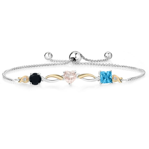 Gem Stone King Keren Hanan 1.99 Ct Round Black Onyx Rose Rose Quartz 925 Silver and 10K Yellow Gold Lab Grown Diamond Bracelet for Women