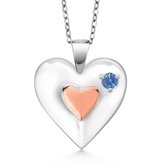 Gem Stone King Keren Hanan 18K Rose Gold Plated Silver 2 Heart Love Treasure Pendant Necklace for Women Set with Fancy Blue Zirconia