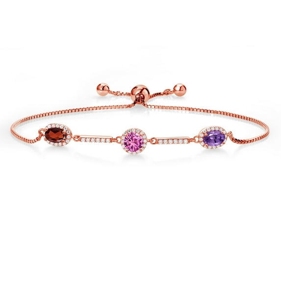 Gem Stone King Keren Hanan 18K Rose Gold Plated Silver 3 Stone Created Moissanite Adjustable Bracelet for Women with Oval and Round Red Garnet Pink Created Sapphire Purple Amethyst (1.90 Cttw)