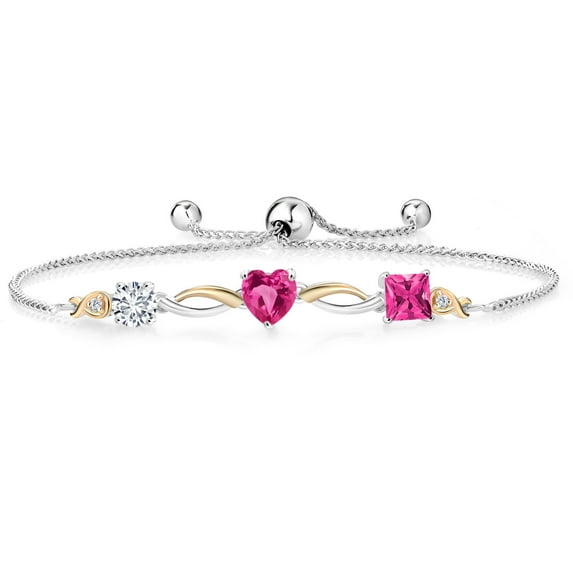 Gem Stone King Keren Hanan 2.10 Ct E-F Lab Grown Diamond Pink Created Sapphire 925 Silver and 10K Yellow Gold Bracelet for Women