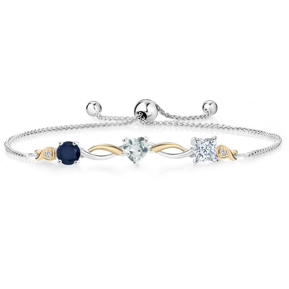 Gem Stone King Keren Hanan 2.13 Ct Blue Sapphire Sky Blue Aquamarine 925 Silver and 10K Yellow Gold Lab Grown Diamond Bracelet for Women