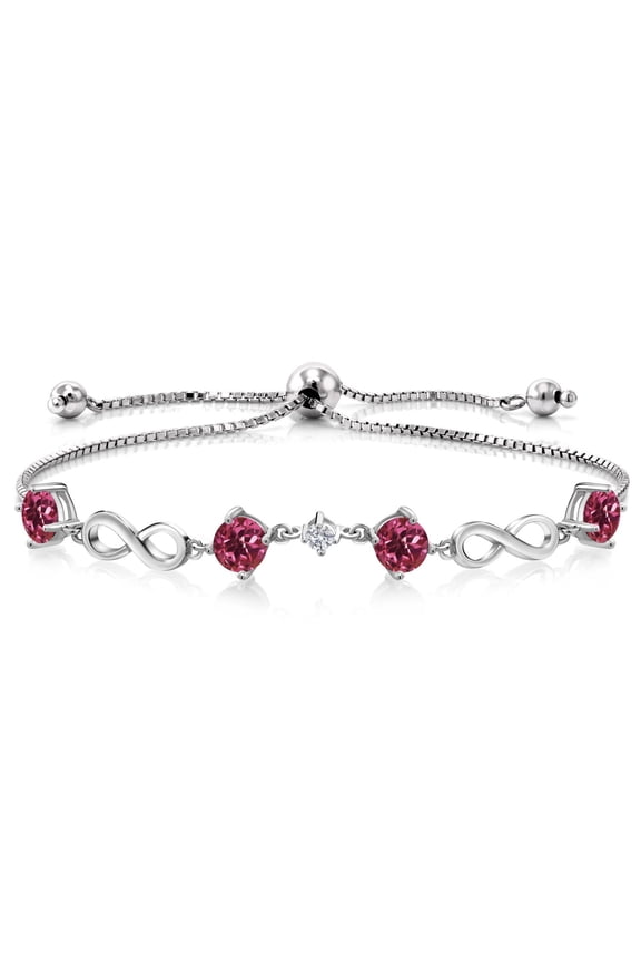 Keren Hanan 2.15 Ct Round Pink Tourmaline G-H Lab Grown Diamond 925 Sterling Silver Adjustable Infinity Tennis Link Bracelet for Women