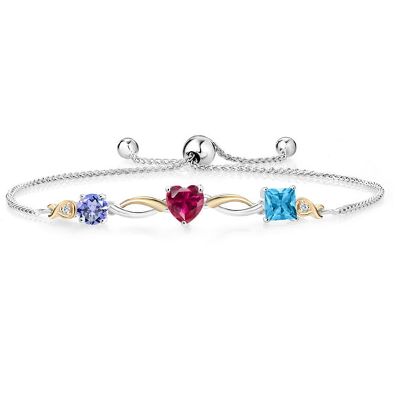 Gem Stone King Keren Hanan 2.22 Ct Blue Tanzanite Red Created Ruby 925 Silver and 10K Yellow Gold Lab Grown Diamond Bracelet for Women