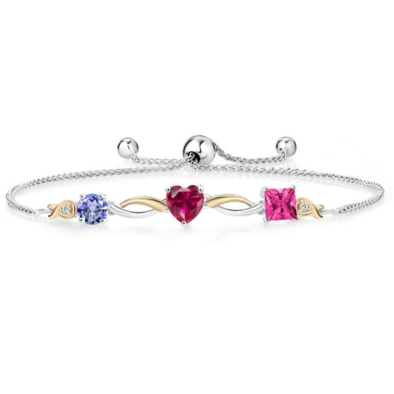 Gem Stone King Keren Hanan 2.22 Ct Blue Tanzanite Red Created Ruby 925 Silver and 10K Yellow Gold Lab Grown Diamond Bracelet for Women