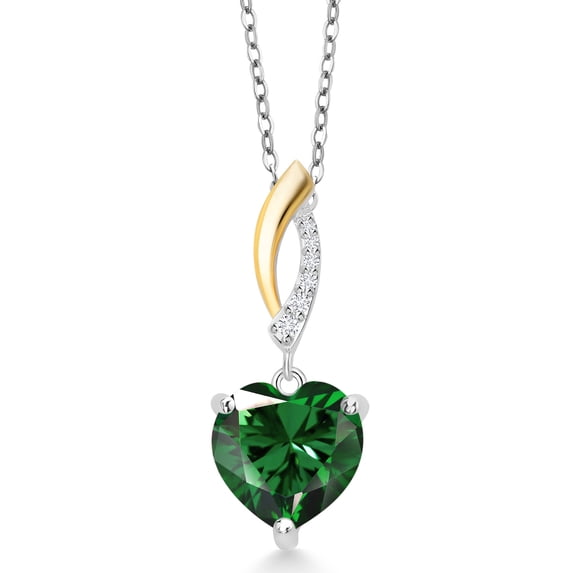 Gem Stone King Keren Hanan 3.05 Ct Heart Shape 10mm Green Nano Emerald 925 Silver and 10K Yellow Gold Lab Grown Diamond Pendant with Chain