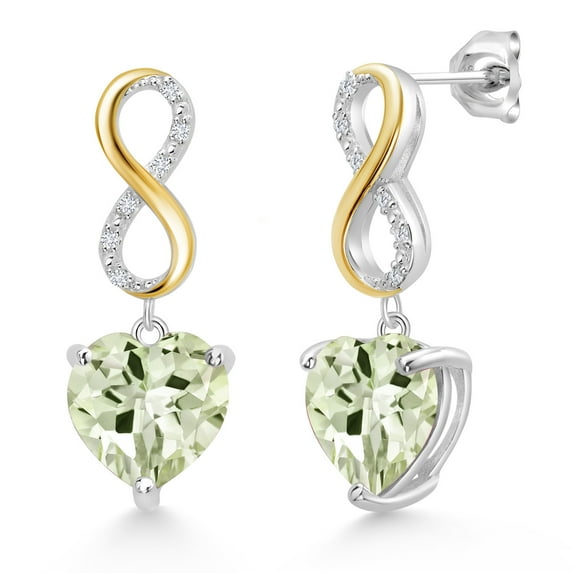 Gem Stone King Keren Hanan 6.36 Ct Heart Shape 10mm Green Prasiolite 925 Silver and 10K Yellow Gold Lab Grown Diamond Infininty Dangle Earrings