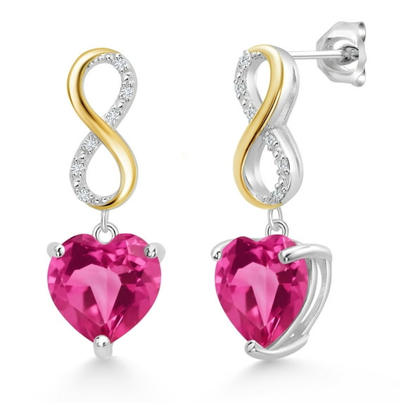 Gem Stone King Keren Hanan 9.06 Ct Heart Shape 10mm Pure Pink Mystic Topaz 925 Silver and 10K Yellow Gold Lab Grown Diamond Infininty Dangle Earrings
