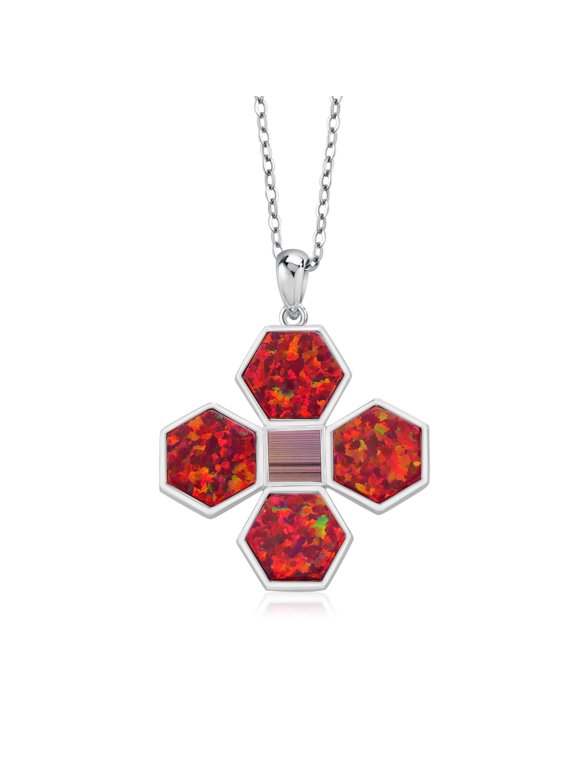 Keren Hanan First Light 925 Sterling Silver Pendant Necklace Red Created Opal Jerusalem Nano Bible and 18 inch Silver Chain