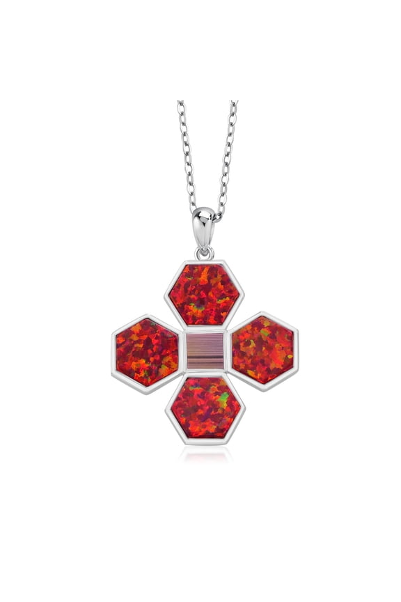 Keren Hanan First Light 925 Sterling Silver Pendant Necklace Red Created Opal Jerusalem Nano Bible and 18 inch Silver Chain