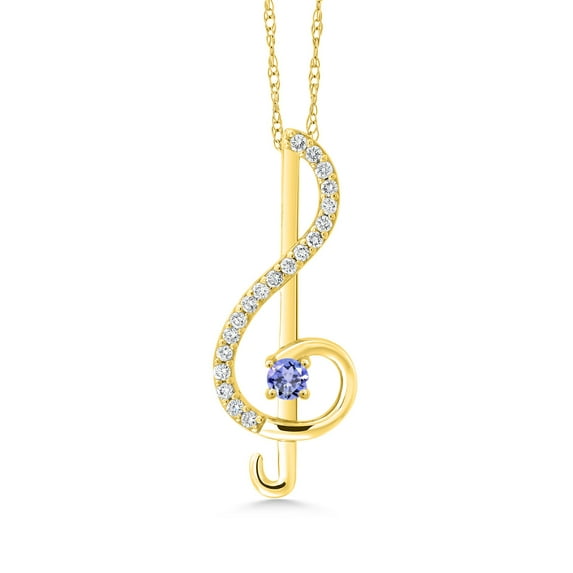 Gem Stone King Keren Hanan Inspired by Music 10K Yellow Gold Lab Grown Diamond Treble Clef Pendant Necklace for Women with Chain Set with Blue Tanzanite (0.30 cttw)