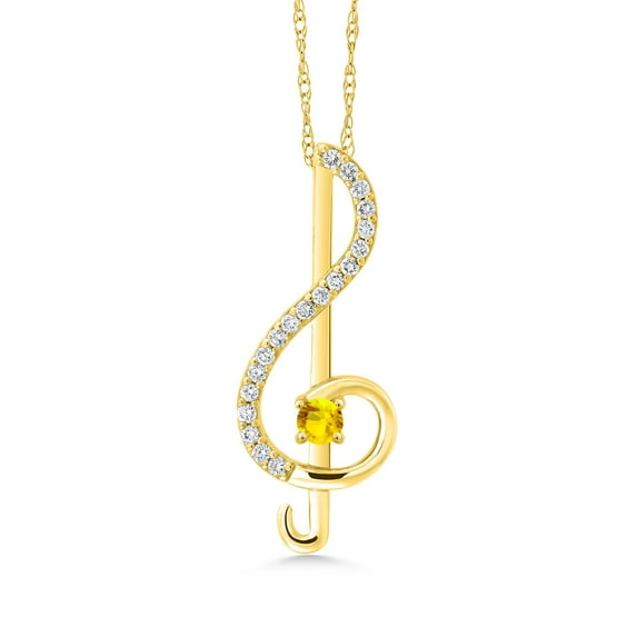 Gem Stone King Keren Hanan Inspired by Music 10K Yellow Gold Lab Grown Diamond Treble Clef Pendant Necklace for Women with Chain Set with Yellow Sapphire (0.29 cttw)