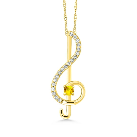 Gem Stone King Keren Hanan Inspired by Music 10K Yellow Gold Lab Grown Diamond Treble Clef Pendant Necklace for Women with Chain Set with Yellow Sapphire (0.29 cttw)