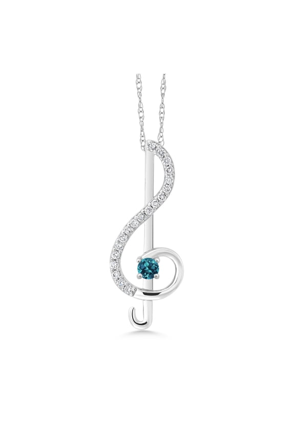 Music Treble Clef Pendant Necklace for Women | 10K White Gold | 3MM Round London Blue Topaz and White Lab Grown Diamond | By Keren Hanan | 0.28 Cttw | With 18 inch Gold Chain