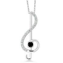 Gem Stone King Keren Hanan Inspired by Music 925 Sterling Silver Treble Clef Pendant with Chain Round Black Diamond and Moissanite (0.29 Cttw)