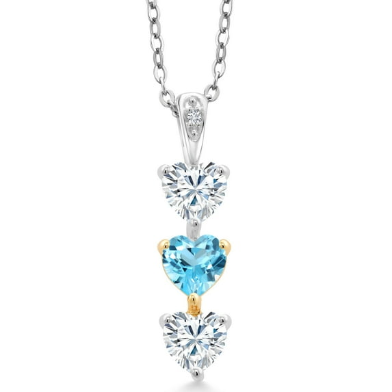 Gem Stone King Keren Hanan Lab Grown Diamond 3 Stone Heart Shape Pendant with Chain 925 Silver and 10K Yellow Gold Set with Moissanite (1.56 Cttw)