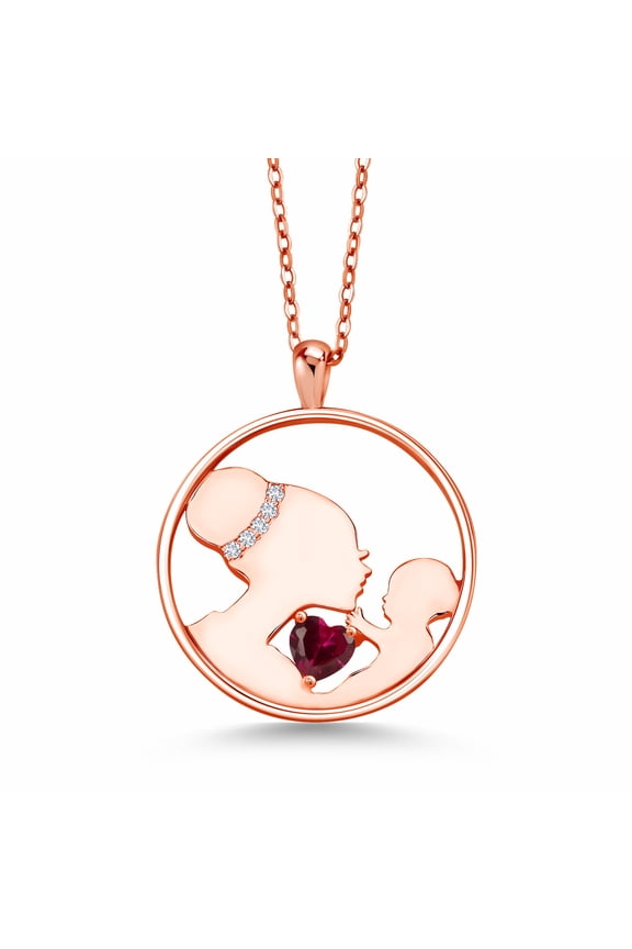 Keren Hanan Mother`s Affection 0.65 Ct Red Created Ruby E-F Lab Grown Diamond 18K Rose Gold Plated Silver Pendant Necklace for Women with 18 inch Silver Chain