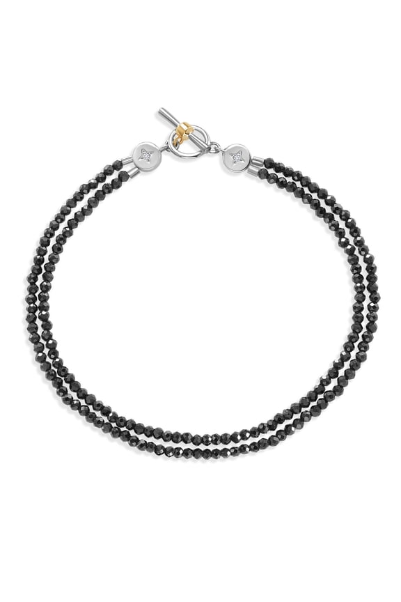 Lab Grown Diamond and Black Spinel Double Line Bead Bracelet for Women | 925 Silver and 10K Yellow Gold | 6.5 or 7.5 inches | With Toggle Clasp
