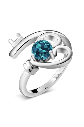 London Blue Topaz Heart Key Ring for Women Set in 925 Sterling Silver | 0.50 Cttw | Round 5MM | Gemstone Birthstone (Size 9)