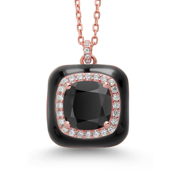 Gem Stone King Made in Italy 18K Rose Gold Plated Silver Black Simulated Onyx Black Enamel Pendant Necklace for Women (8MM Cushion, 1/2 inch Pendant, with 17 inch Chain)