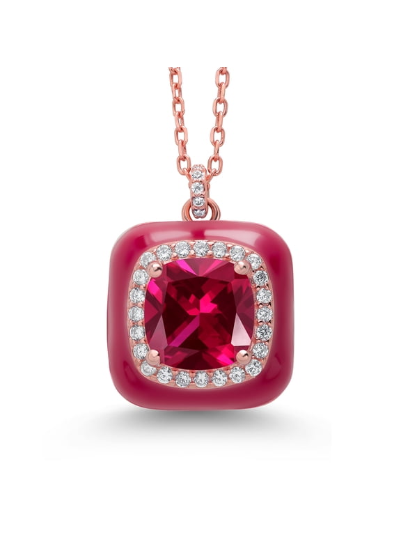 Made in Italy 18K Rose Gold Plated Silver Red Simulated Ruby Red Enamel Pendant Necklace for Women (8MM Cushion, 1/2 inch Pendant, with 17 inch Chain)