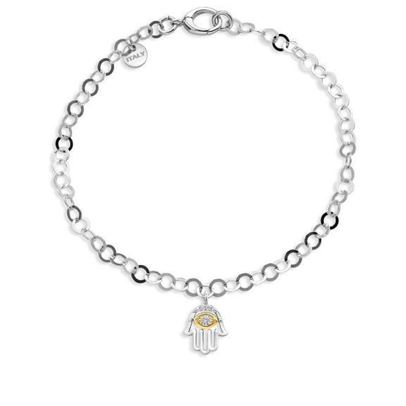 Gem Stone King Made in Italy 925 Silver and 10K Yellow Gold Lab Grown Diamond Round Link Chain Bracelet for Women with Hamsa Charm Set with Moissanite