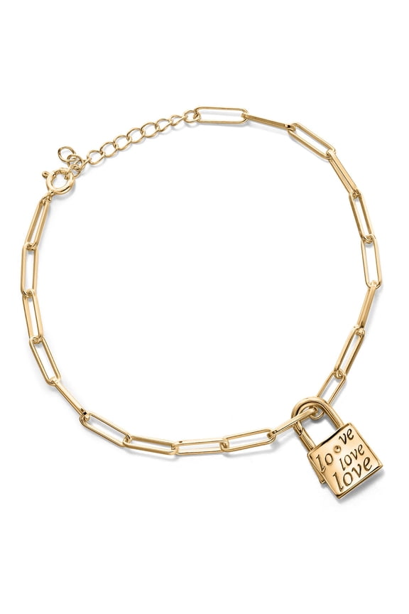 Made in Italy 18K Yellow Gold Plated Silver Love Lock Paperclip Chain Bracelet for Women (8.25 inch Adjustable Chain)