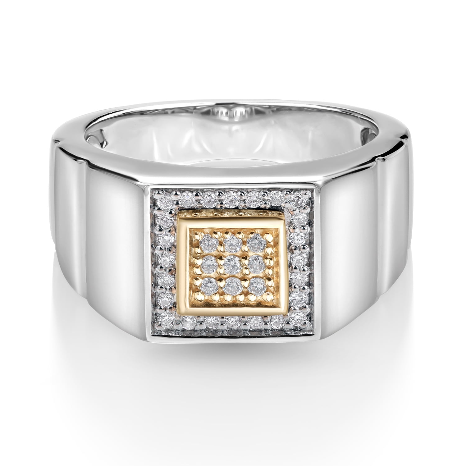 Gem Stone King Men's Lab Grown Diamond Ring - 0.15 Ct, 925 Silver & 10K Yellow Gold, Size 7-13