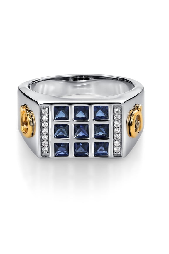 Men's 10K Yellow Gold and 925 Sterling Silver Blue Created Sapphire and White Lab Grown Diamond Ring (1.27 Ct, Size 12)