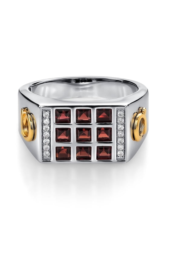 Red Garnet and White Lab Grown Diamonds Ring for Men | 10K Yellow Gold and 925 Sterling Silver | 1.27 Cttw| Size 11