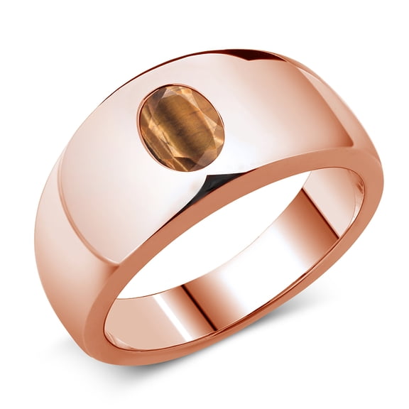 Gem Stone King Men's 18K Rose Gold Plated Silver Brown Tiger Eye Ring | 1.25 Cttw | Oval 8X6MM | Gemstone | Size 10