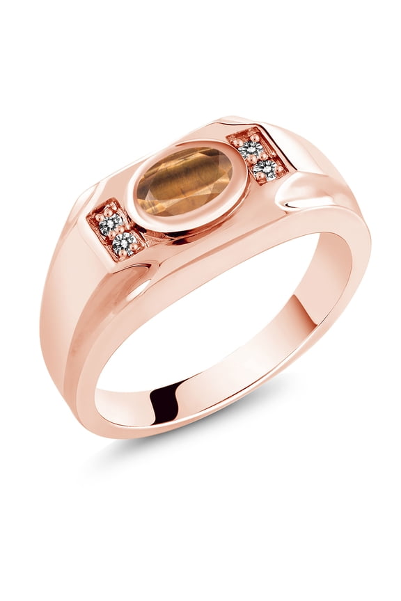 Men's 18K Rose Gold Plated Silver Brown Tiger Eye and White Diamond Ring (1.38 Cttw, Gemstone Birthstone, Oval 8X6MM,, Size 9)