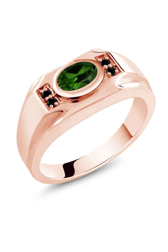 Men's 18K Rose Gold Plated Silver Green Chrome Diopside and Black Diamond Ring (1.33 Cttw, Gemstone Birthstone, Oval 8X6MM,, Size 13)